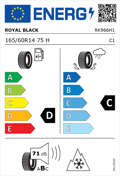 Tyre Label for Royal Black Royal A/S 165/60R14 75H