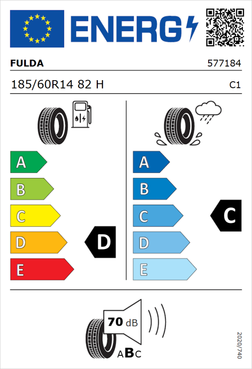 Tyre Label for Fulda EcoControl 185/60R14 82H
