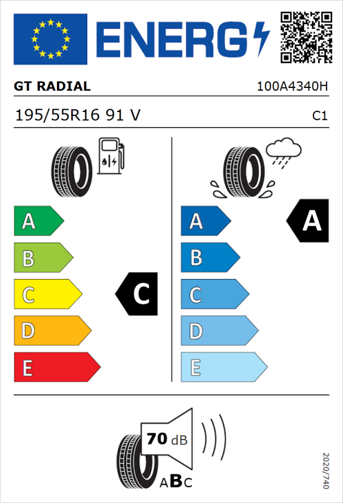 Tyre Label for GT Radial FE2 195/55R16 91V