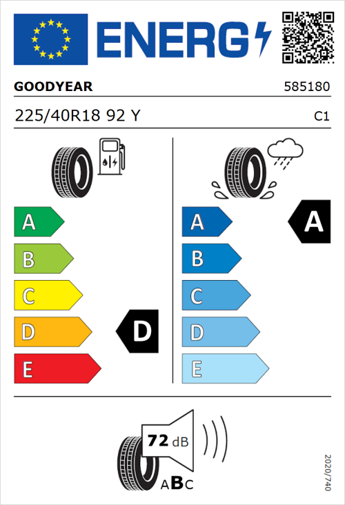 Tyre Label for Goodyear Eagle F1 SuperSport 225/40R18 92Y